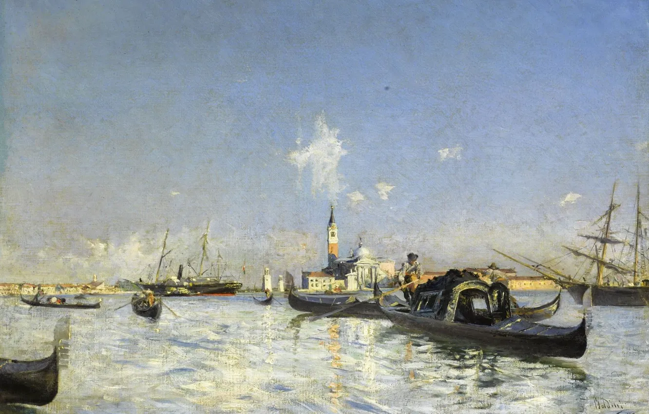 Фото обои лодка, корабль, картина, гондола, морской пейзаж, колокольня, Джованни Больдини, Остров Сан-Джорджо в Венеции