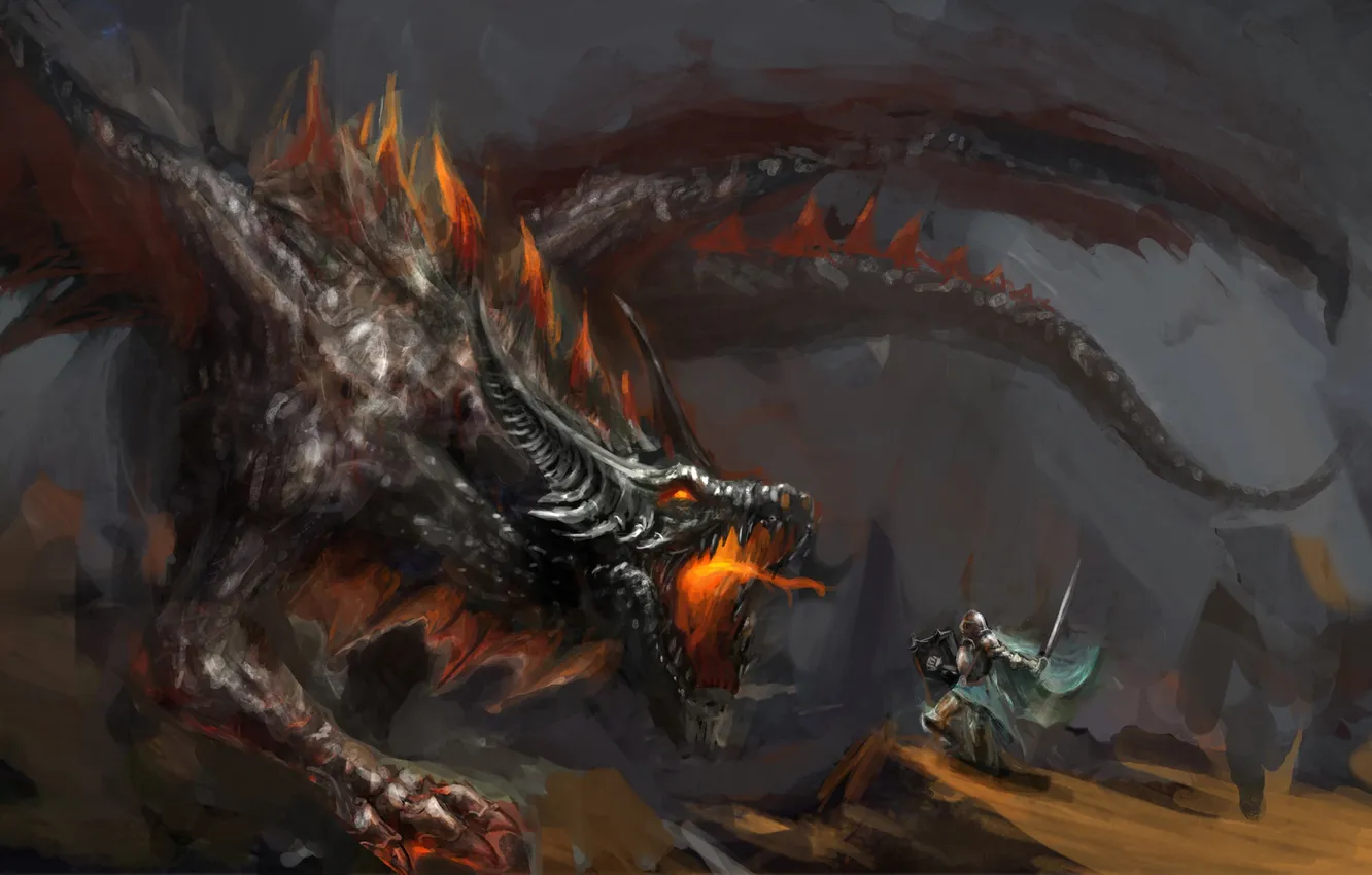 Фото обои fantasy, dragon, battle, knight