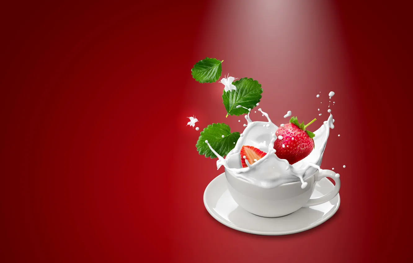 Фото обои брызги, ягоды, фон, всплеск, молоко, клубника, чашка