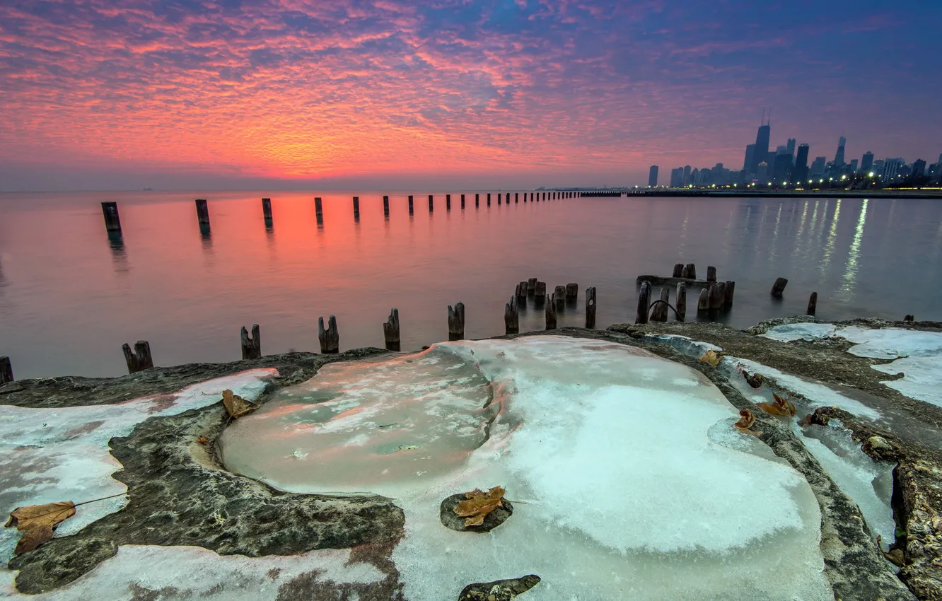 Фото обои ice, Chicago, Beach, water, sunrise, Lake, Michigan, Fullerton