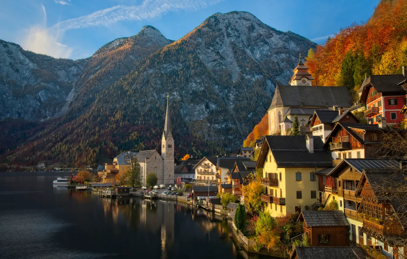 Фото обои осень, горы, озеро, здания, дома, Австрия, Альпы, Austria