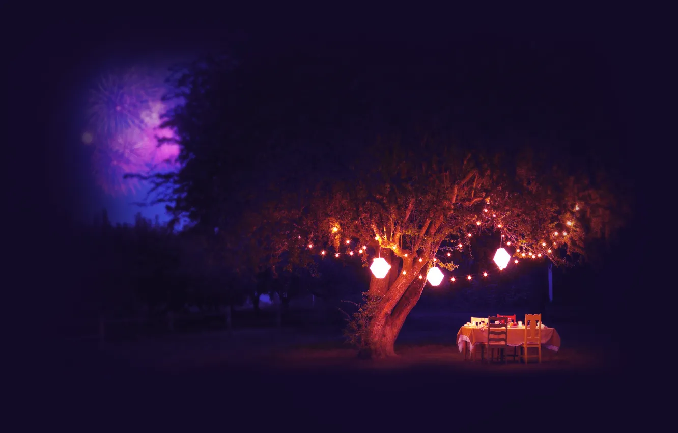 Фото обои лето, ночь, стол, дерево, фонари, фейерверк, салюты