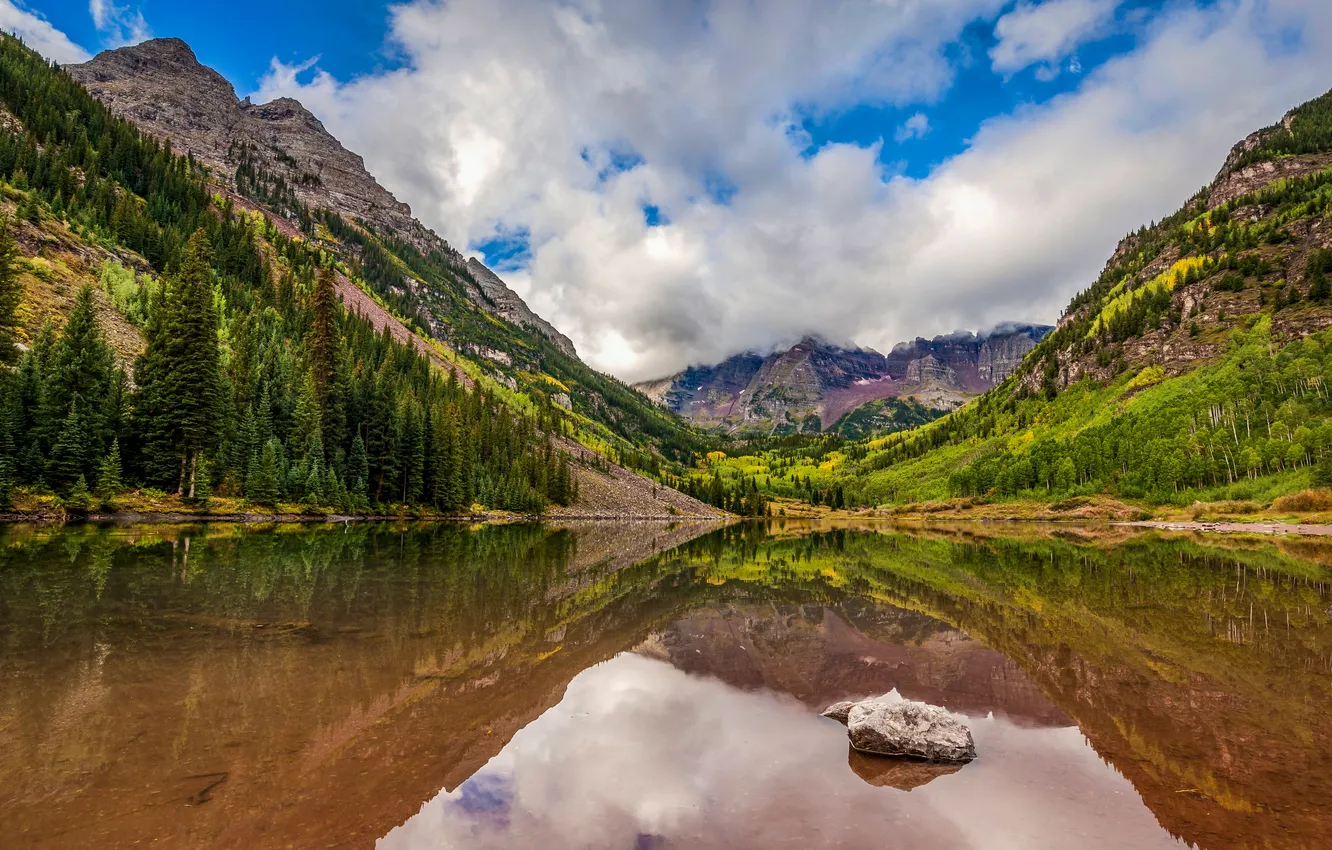 Фото обои облака, горы, озеро, США, Maroon Bells
