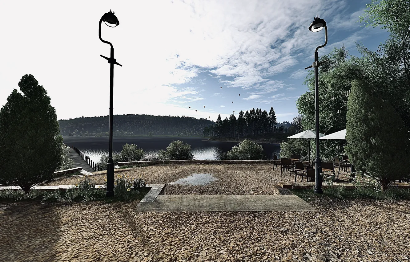 Фото обои HDR, Wood, Tree, Lights, Game, Sea, Lamps, Footbridge