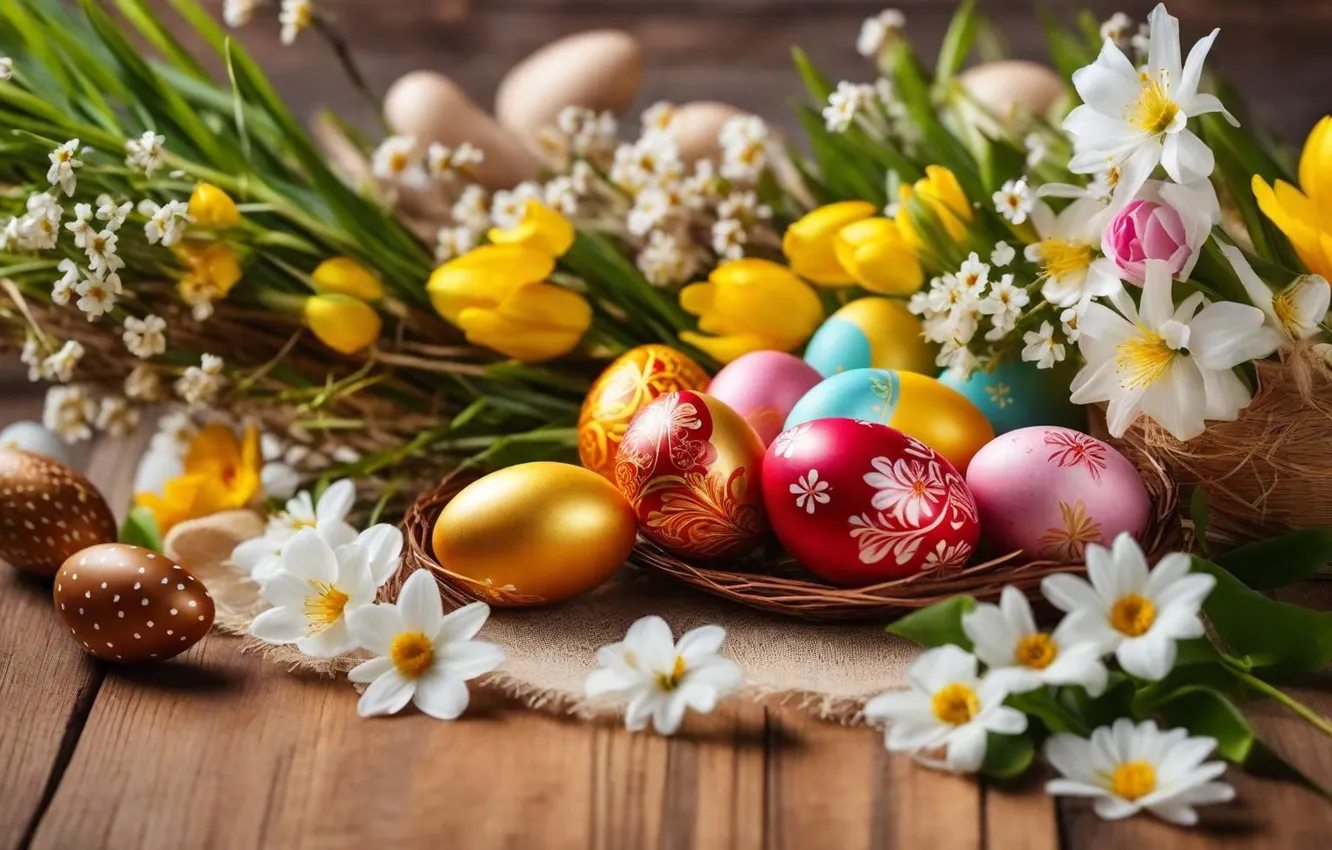 Фото обои цветы, яйца, весна, colorful, Пасха, happy, flowers, spring