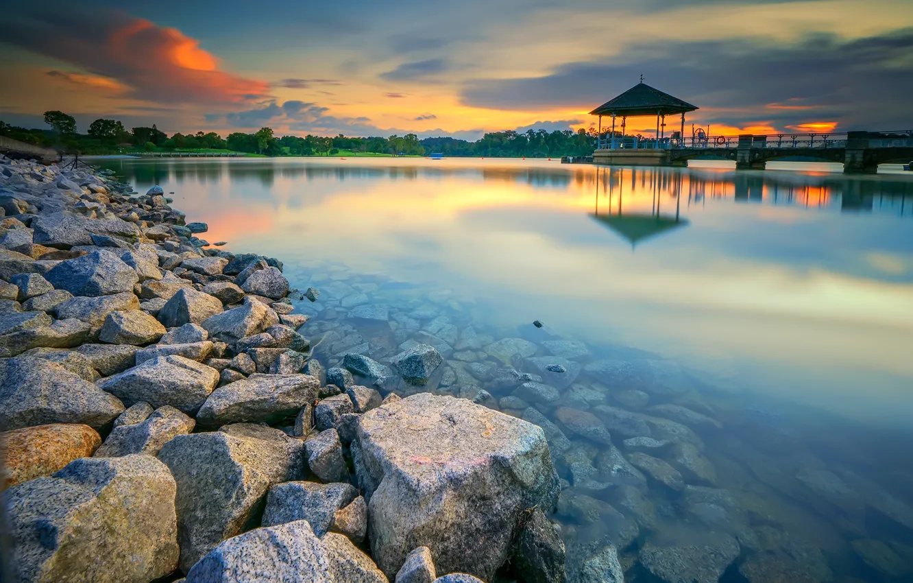 Фото обои камни, Сингапур, беседка, водохранилище