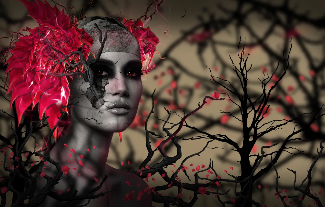 Фото обои розы, Девушка, Красные глаза, ветки деревьев