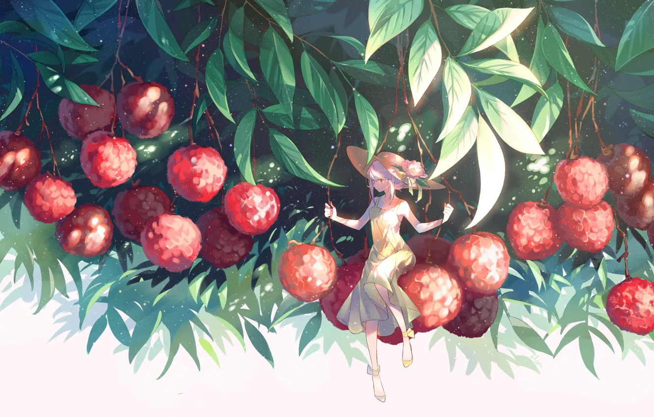 Фото обои листья, девушка, ягоды