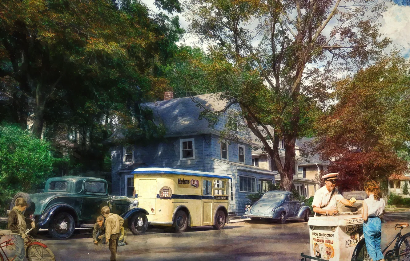 Фото обои машины, дети, улица, дома, мороженое, городок