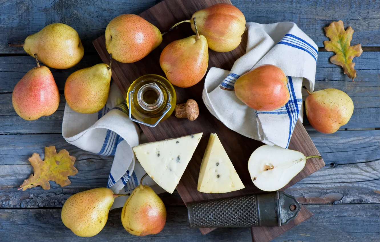 Фото обои осень, листья, масло, сыр, доска, фрукты, натюрморт, груши