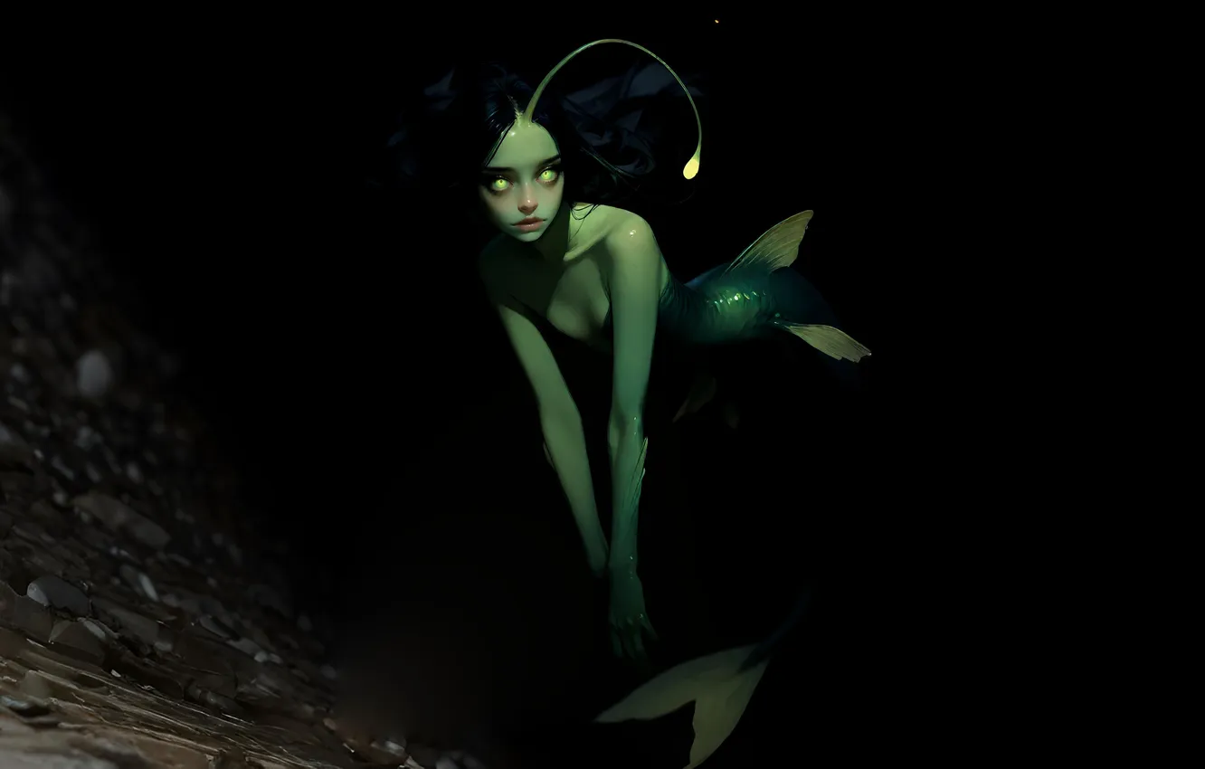 Фото обои русалка, чешуя, mermaid, синяя кожа, в темноте, глубина моря