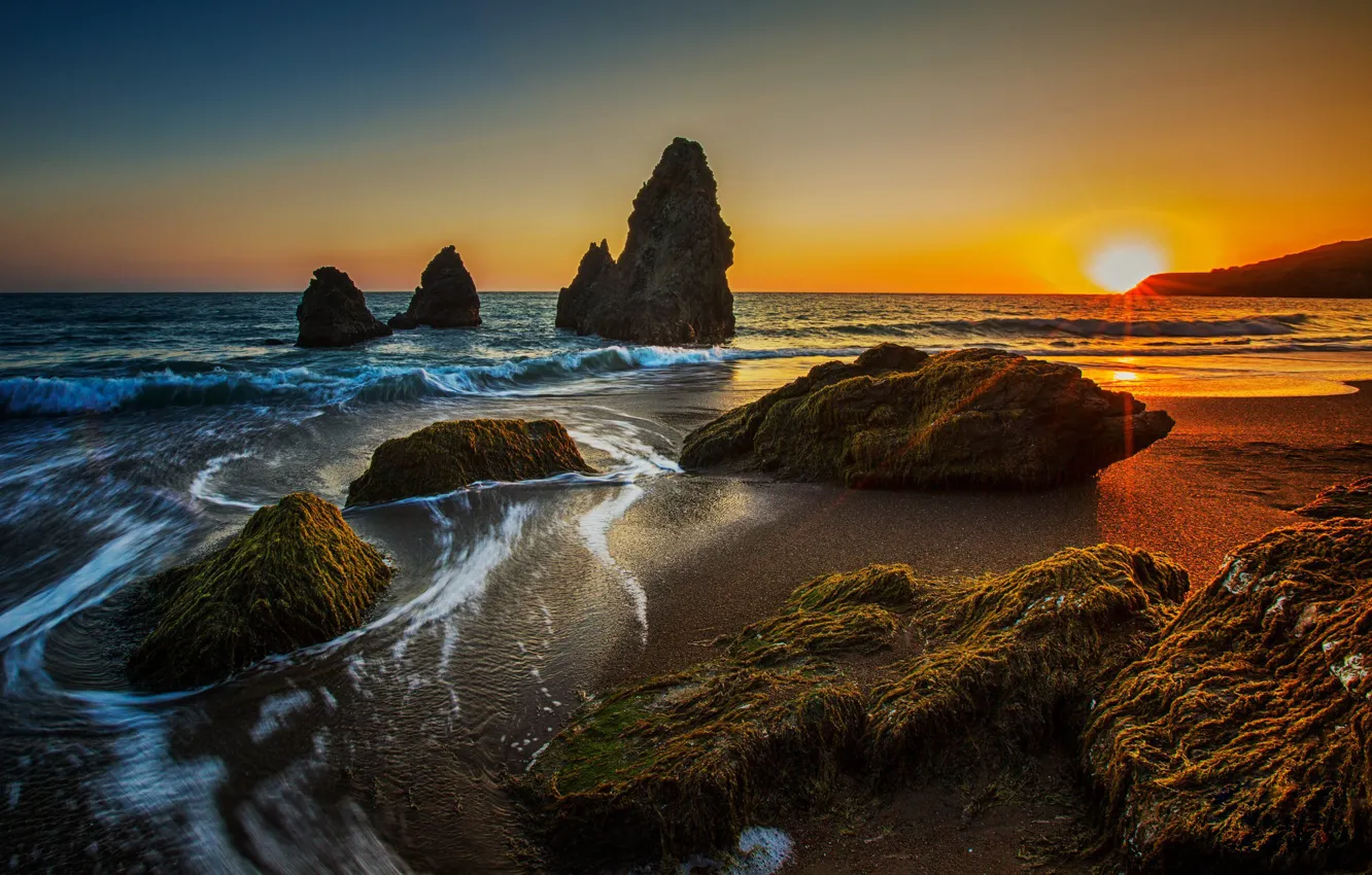 Фото обои закат, океан, побережье, California, Rodeo Beach