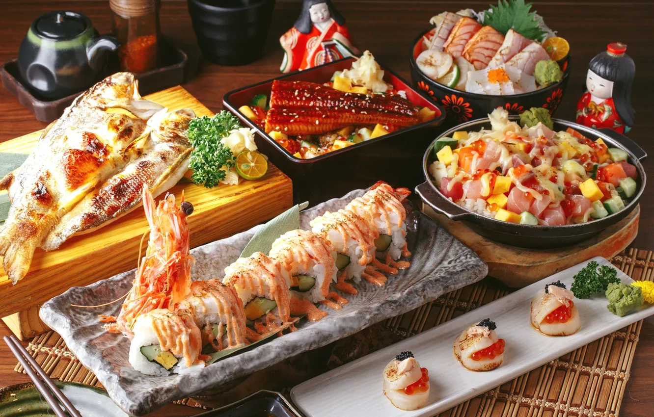 Фото обои рыба, рис, икра, суши, салат, роллы