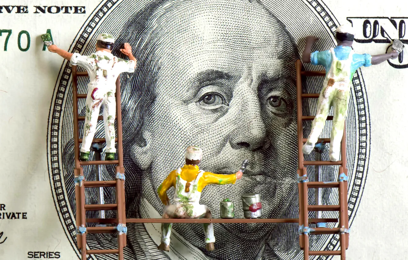 Фото обои деньги, юмор, доллар, рабочие, лестницы, купюра, Франклин, раскрашивание