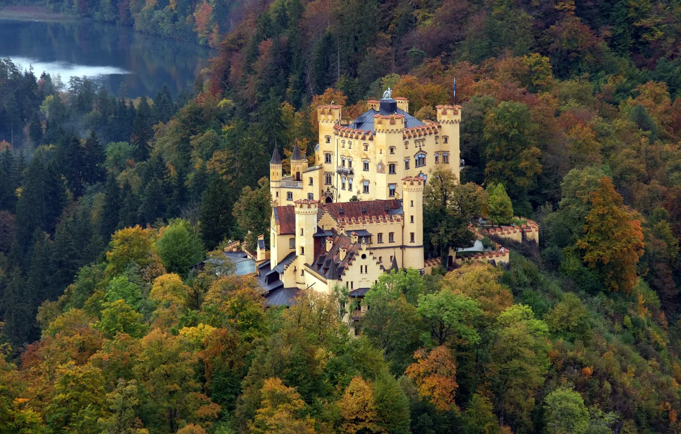 Фото обои осень, лес, деревья, горы, озеро, замок, вид, Германия