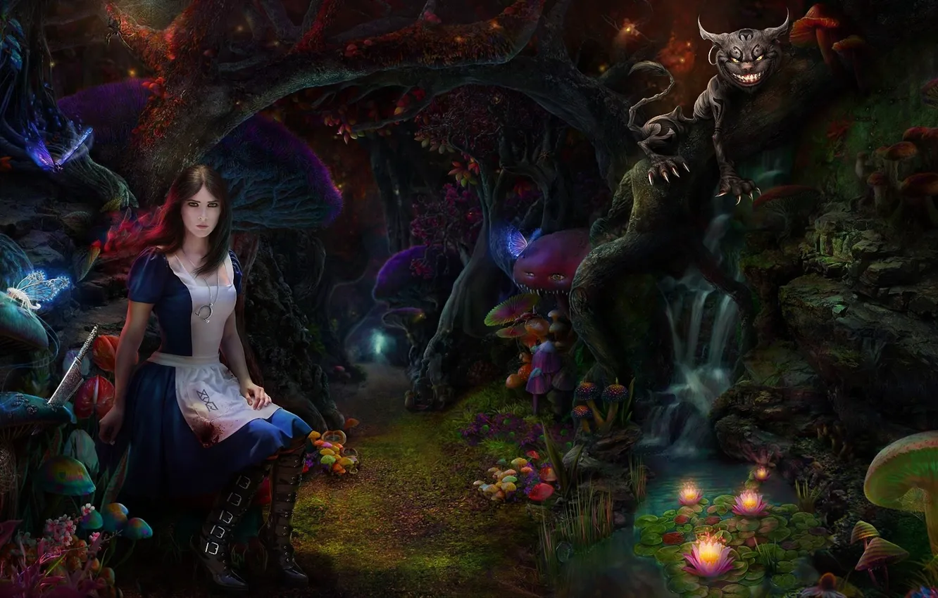 Фото обои лес, кот, девушка, грибы, чаща, арт, Alice Madness Returns, чеширский
