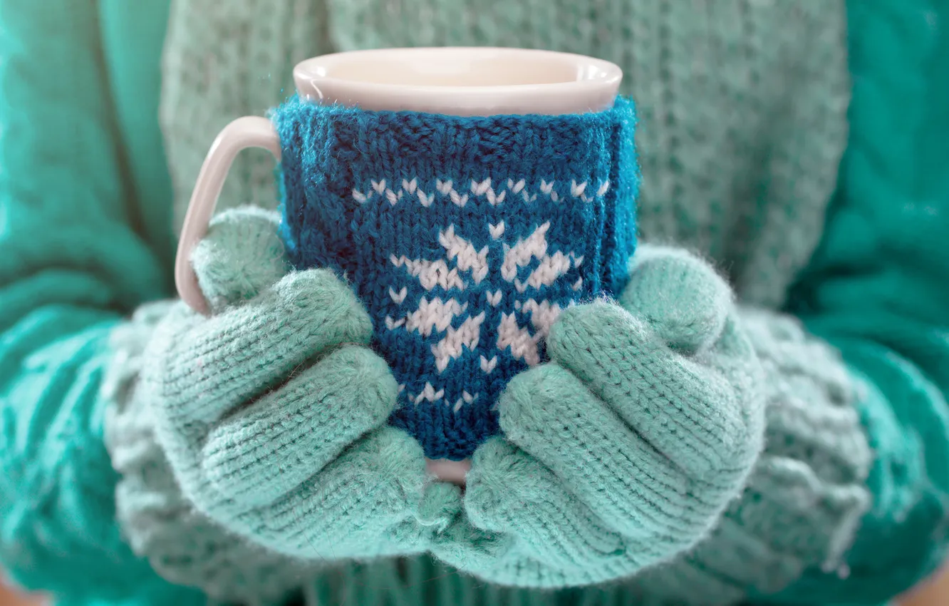 Фото обои зима, руки, кружка, winter, варежки, cup, какао, drink