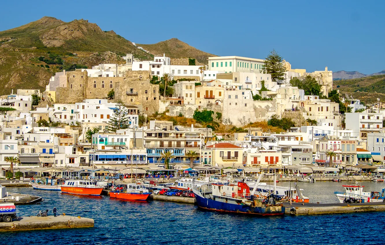 Фото обои море, горы, Греция, катер, Mountains, Greece, Houses, Naxos Island