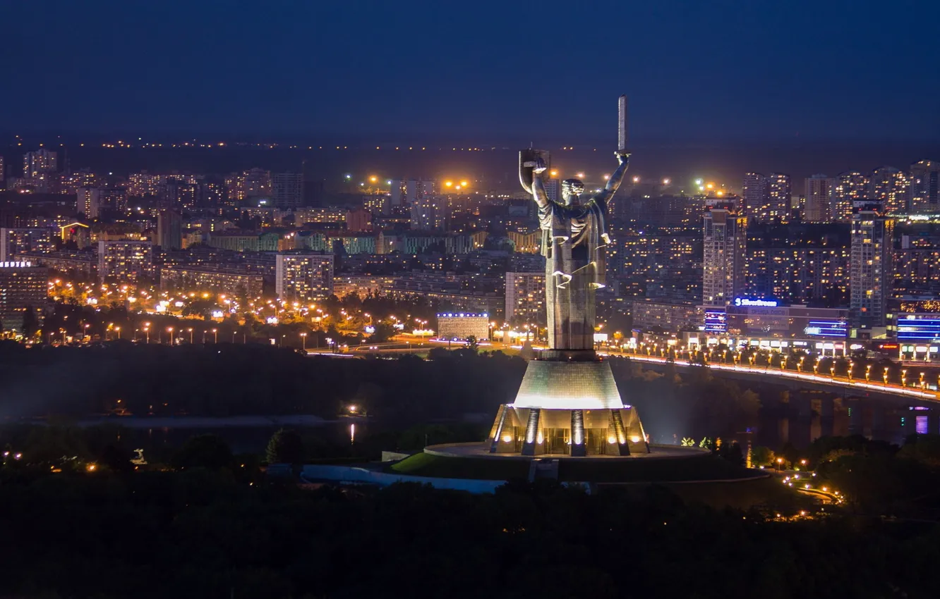 Фото обои ночной город, Киев, Днепр, мост Патона