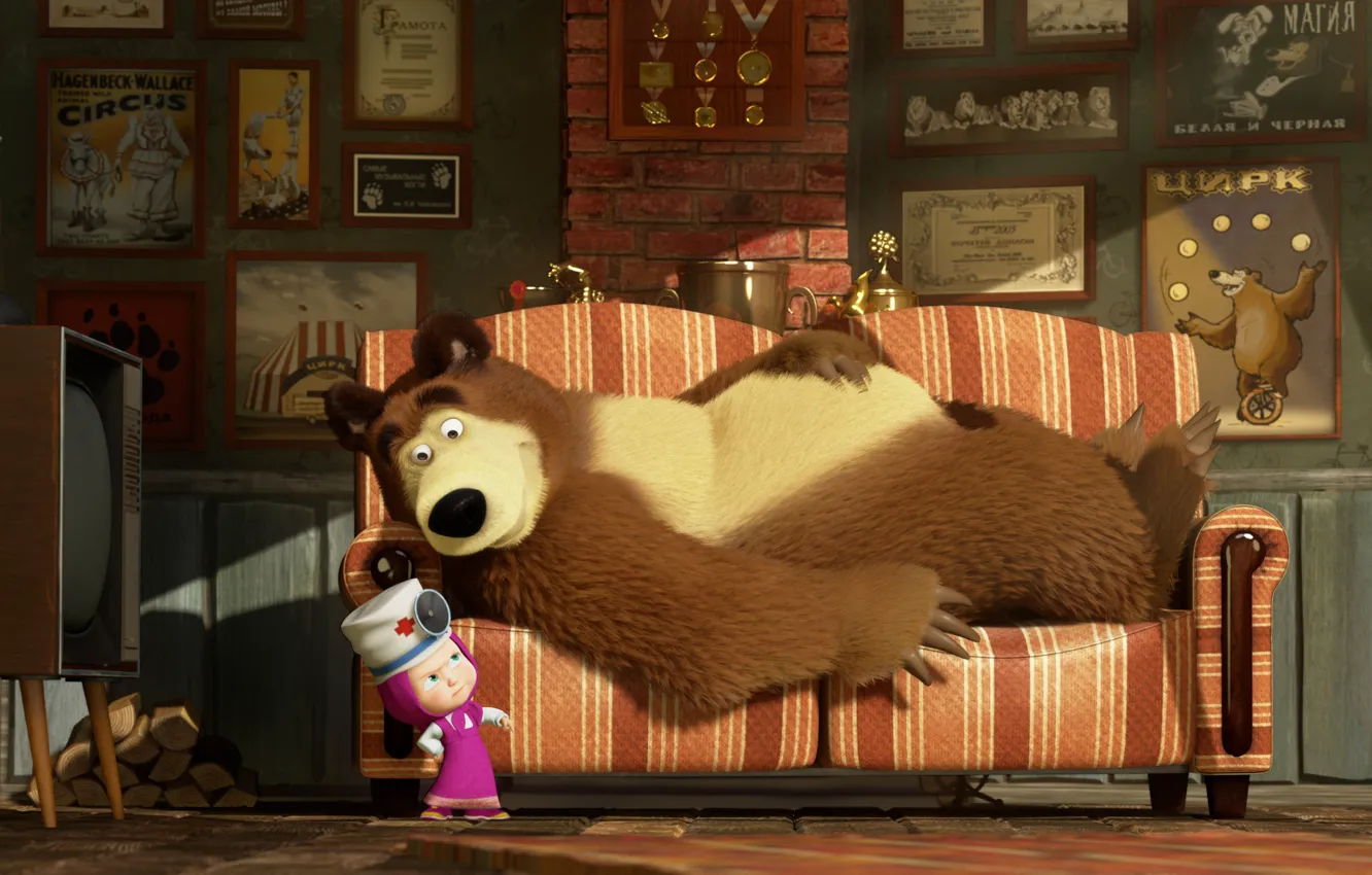 Фото обои диван, мультфильм, телевизор, доктор, Маша и Медведь