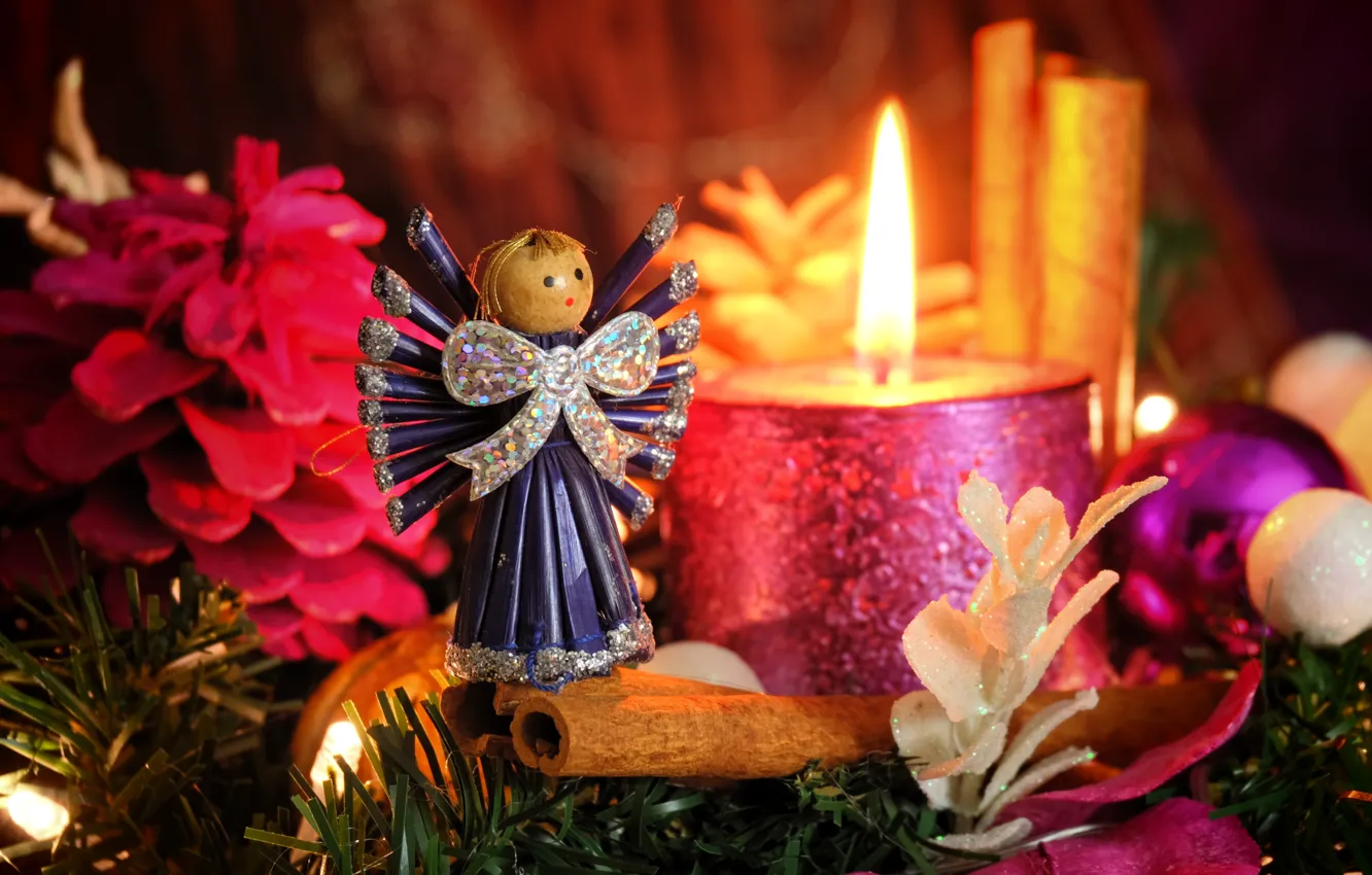 Фото обои зима, праздник, игрушка, свеча, ангел, Рождество, девочка, Новый год