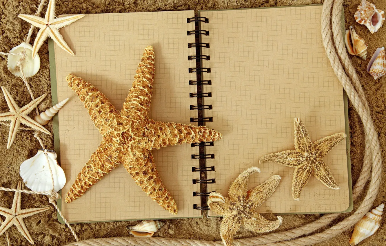 Фото обои песок, звезды, веревка, блокнот, ракушки