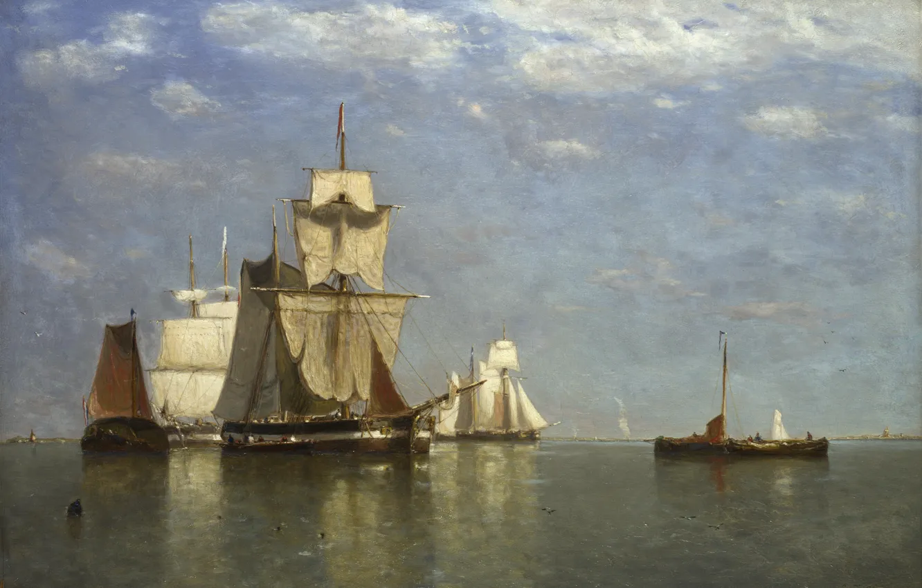 Фото обои корабль, картина, парус, морской пейзаж, Пол Джин Клейс, Paul Jean Clays, Ships lying off Flushing