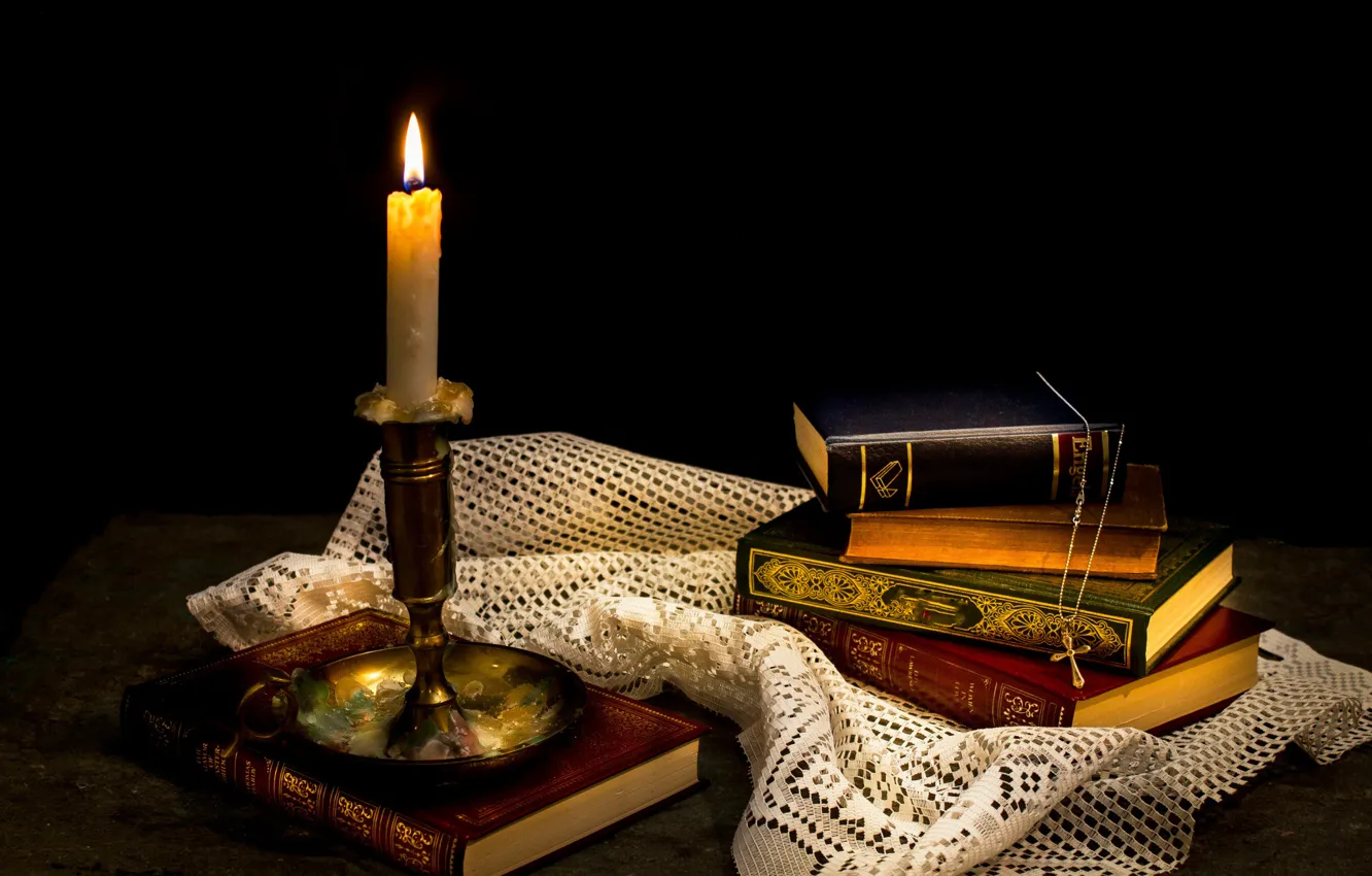 Фото обои книги, свеча, воск, крестик, Still life¬