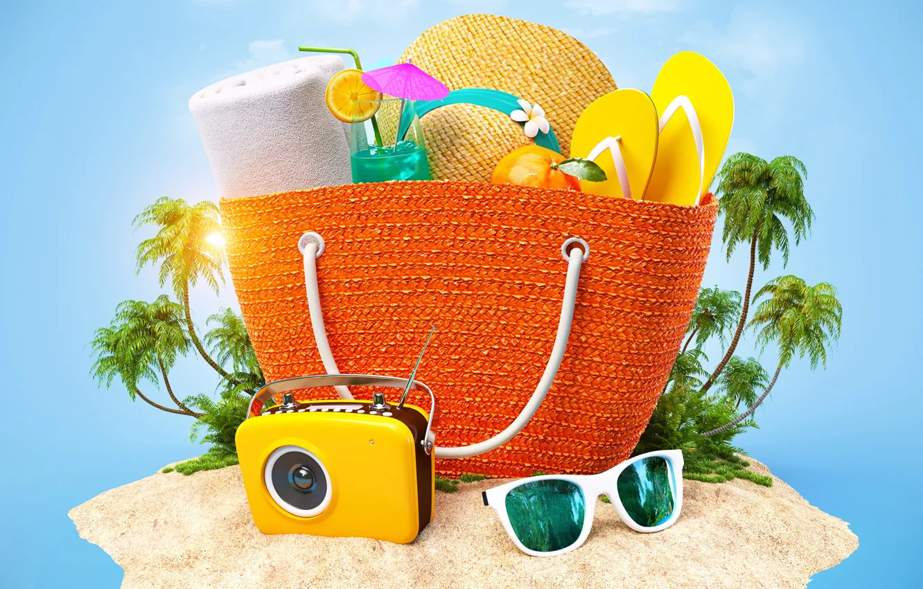 Фото обои лето, солнце, тропики, рисунок, шляпа, камера, очки, коктейль