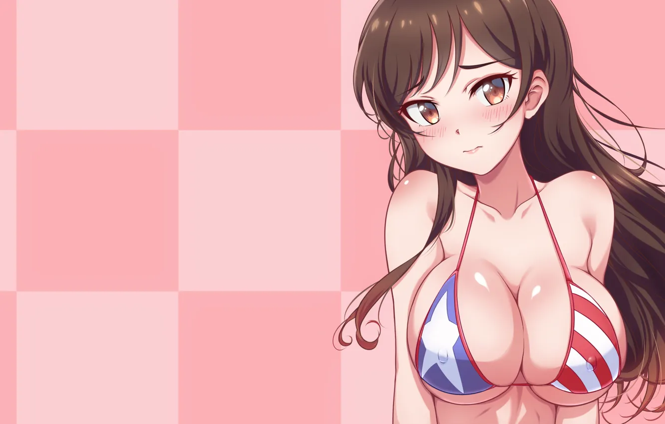 Фото обои girl, sexy, cleavage, erect nipples, long hair, brown eyes, boobs, anime