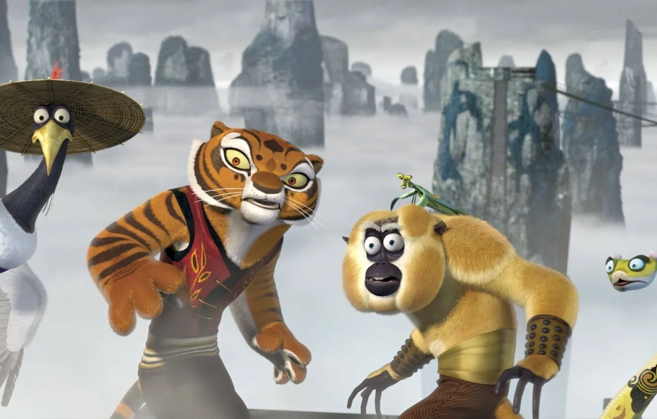 Фото обои фон, змея, богомол, обезьяна, тигрица, журавль, неистовая пятёрка, Kung Fu Panda