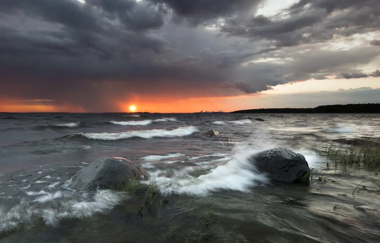 Фото обои море, закат, берег