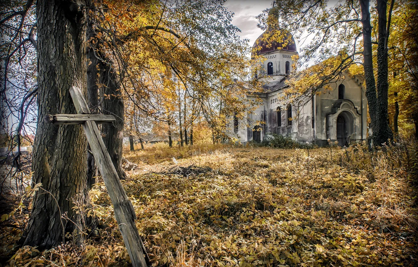 Фото обои осень, крест, церковь
