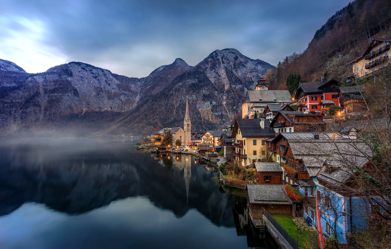 Фото обои пейзаж, горы, озеро, отражение, дома, Австрия, Альпы, Austria