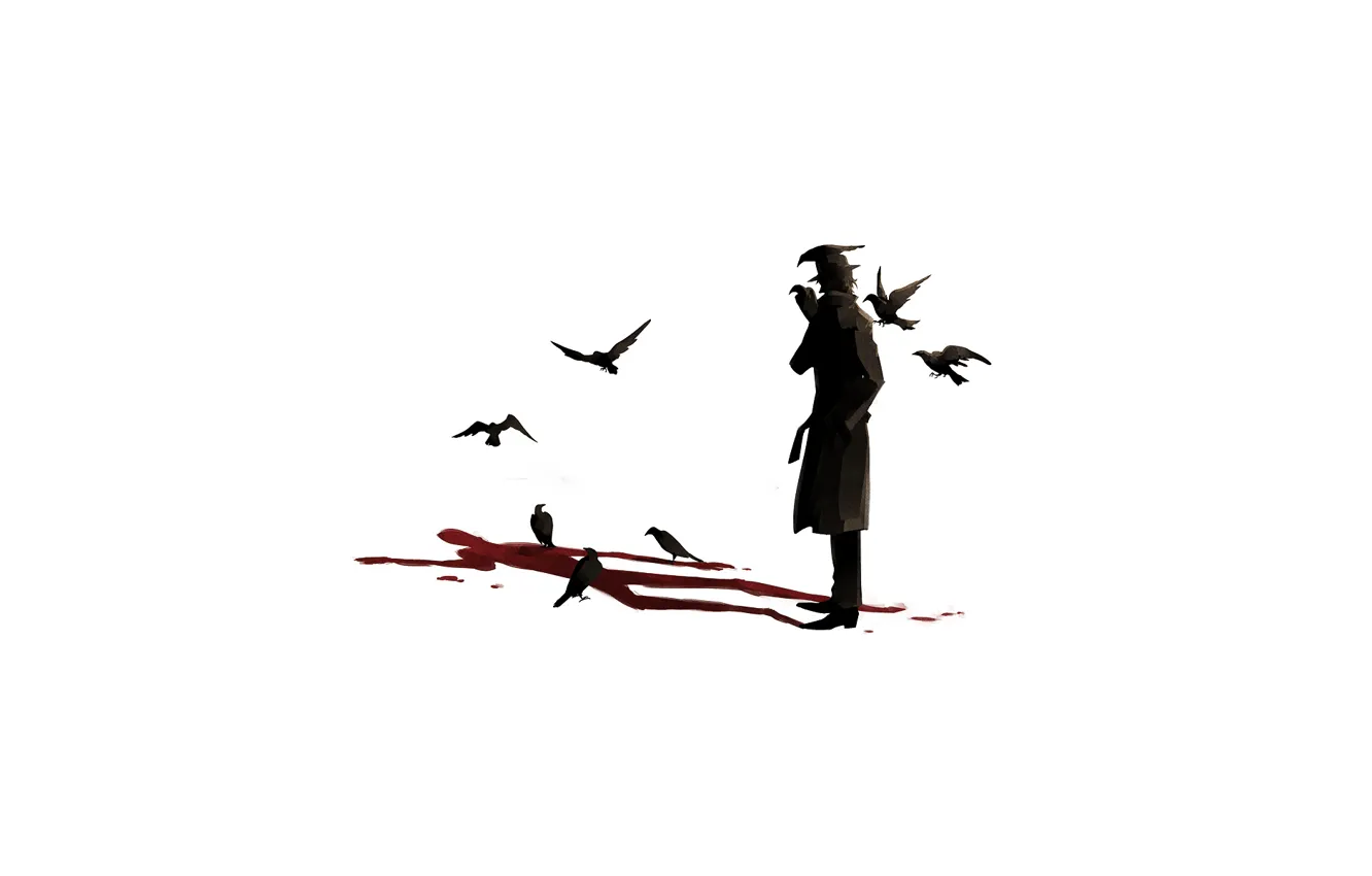 Фото обои птицы, сюрреализм, кровь, тень, Мужчина, пальто
