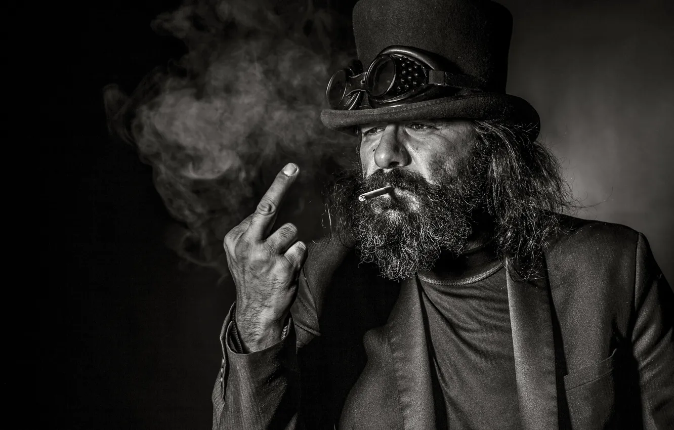 Фото обои фон, портрет, мужик, очки, сигарета, борода, жест, средний палец