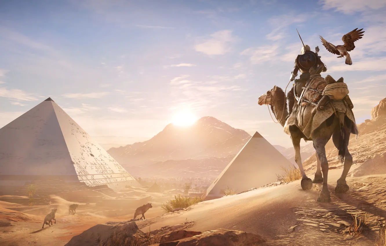 Фото обои песок, птица, пустыня, верблюд, пирамиды, египет, Assassin's Creed Origins