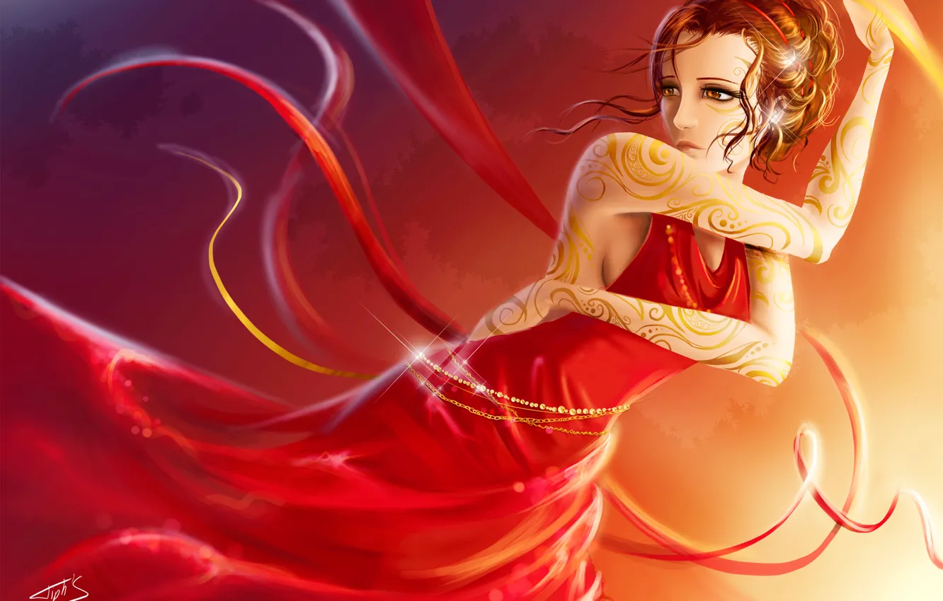 Фото обои девушка, ленты, красное, узор, рисунок, танец, платье