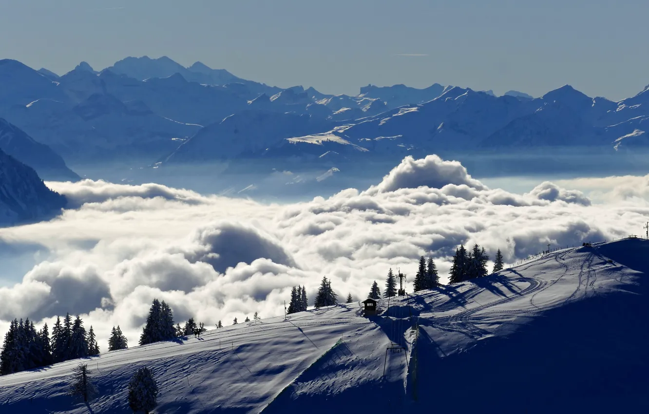Фото обои зима, облака, снег, деревья, пейзаж, горы, природа, Швейцария