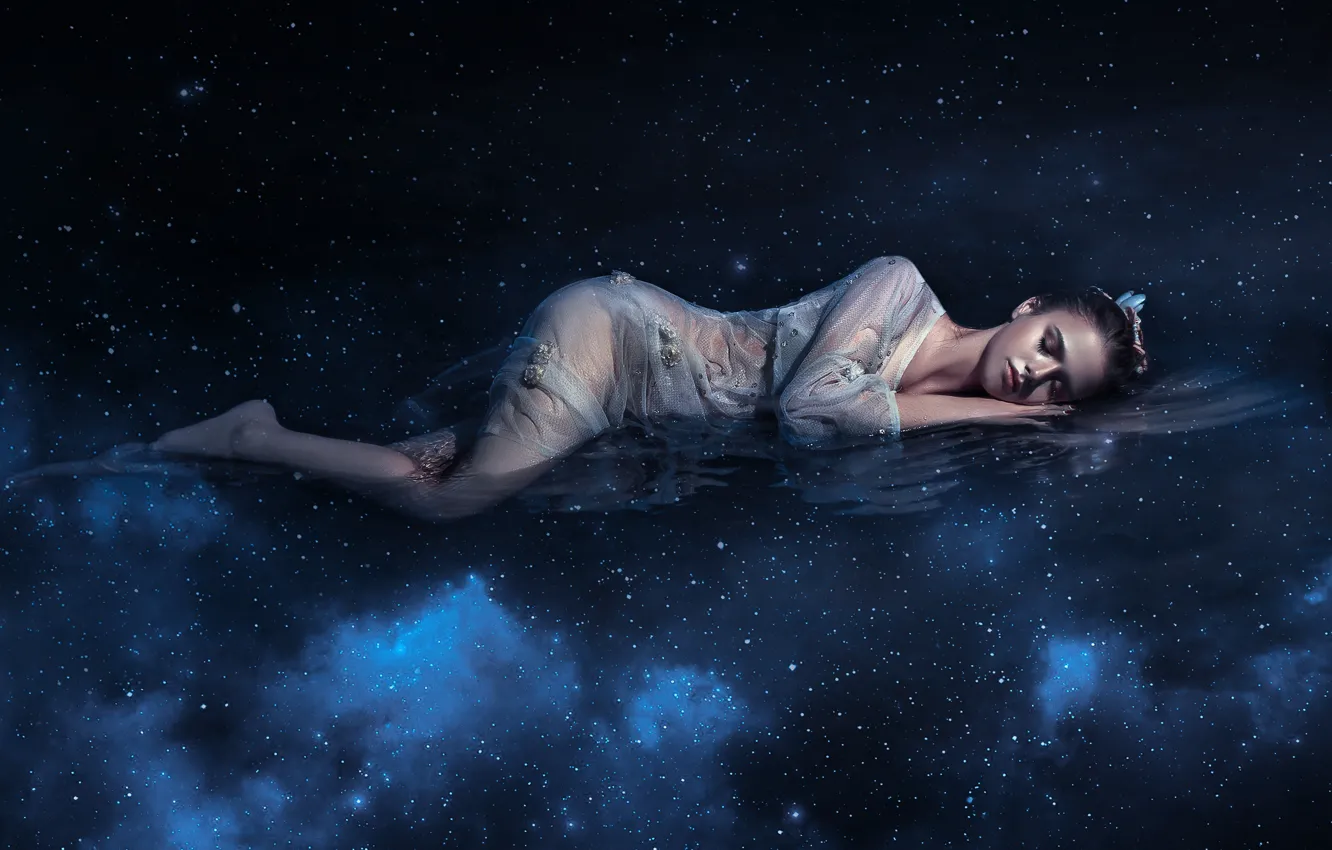 Фото обои вода, космос, звезды, усталость, сон, макияж, space, белое платье