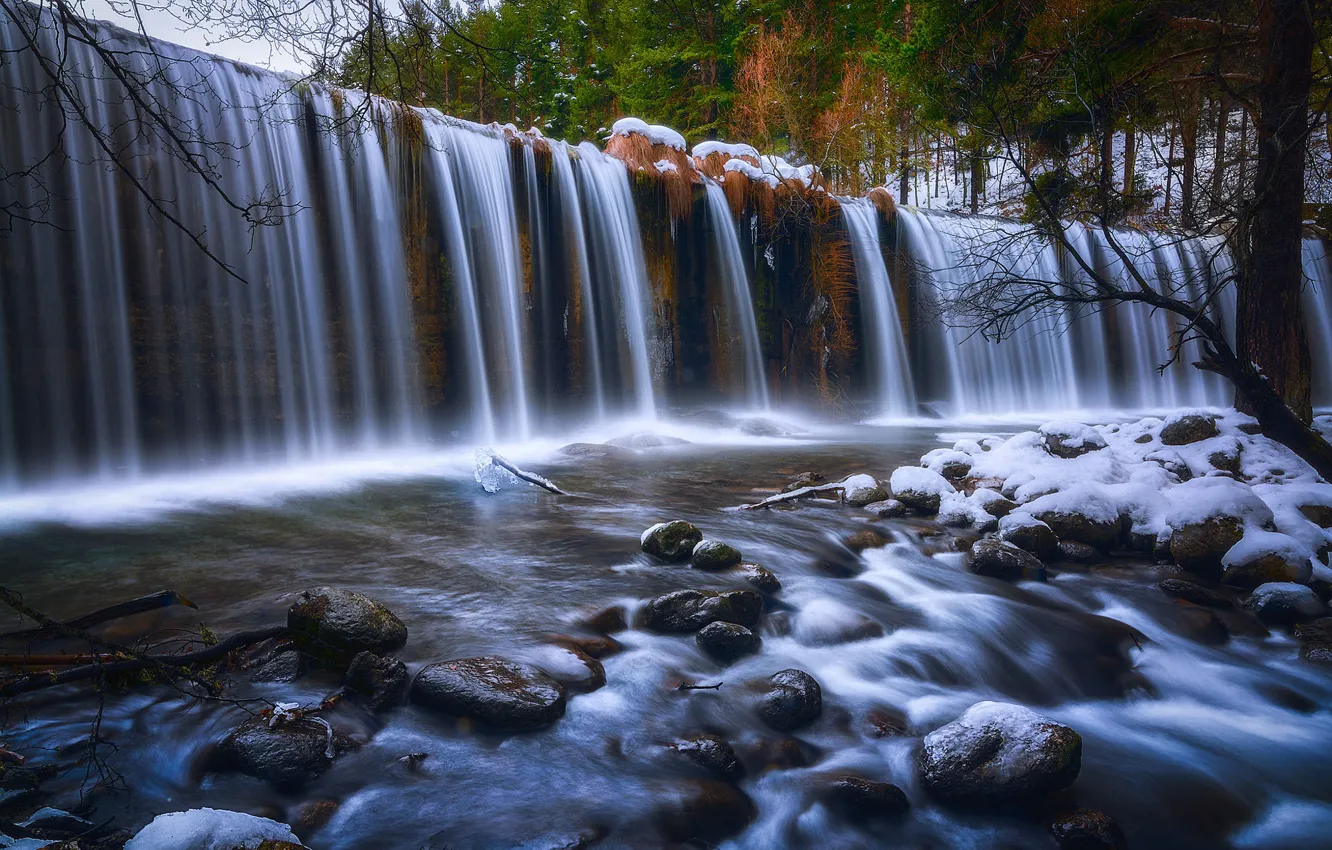 Фото обои зима, снег, скалы, водопад