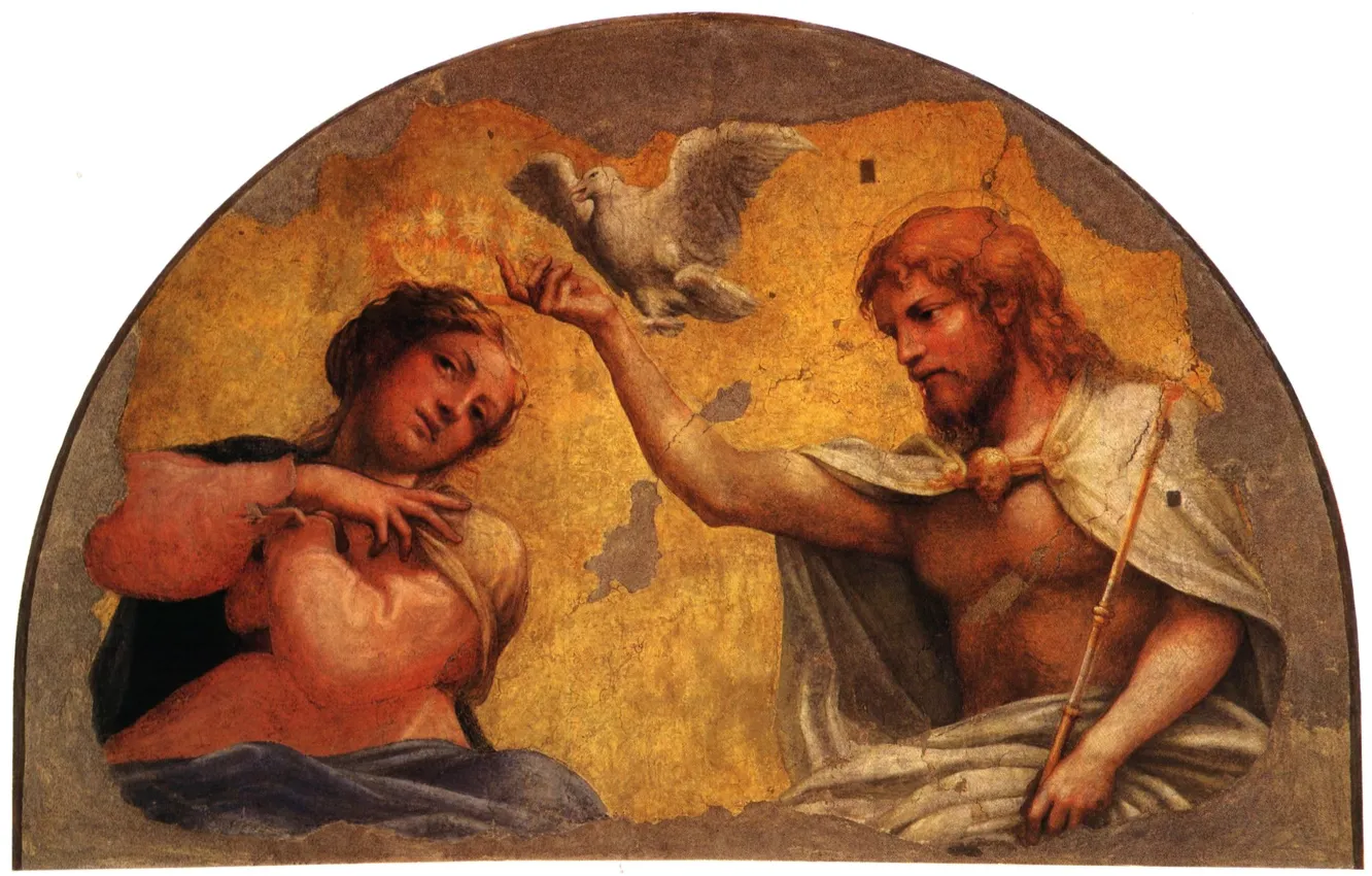Фото обои Мария, белый голубь, Поклонение волхвов, Антонио Аллегри Корреджо, высокое возрождение, итальянская живопись, религиозная живопись, Коронование …