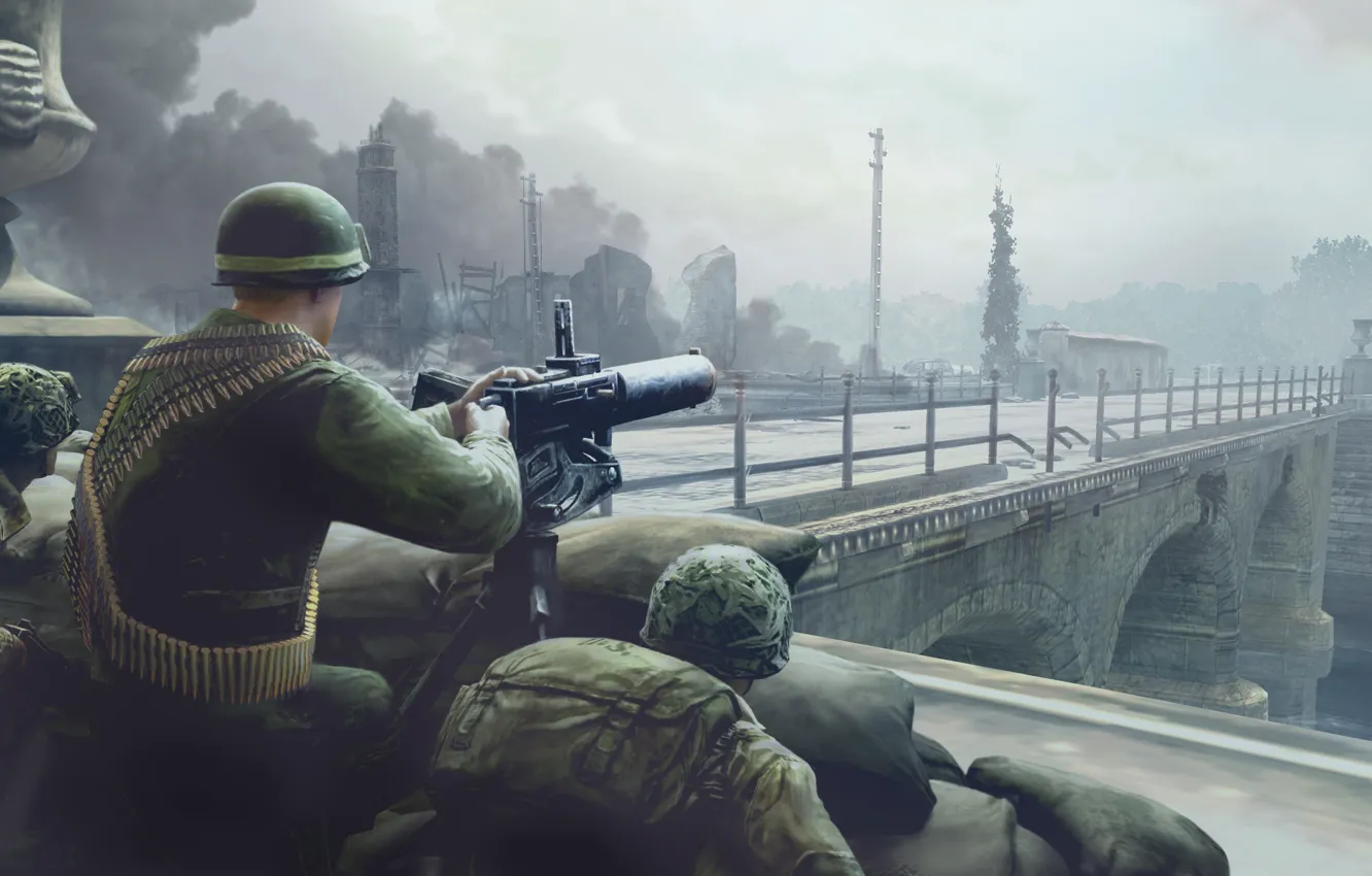 Фото обои мост, город, война, солдаты, пулемет, Company of Heroes