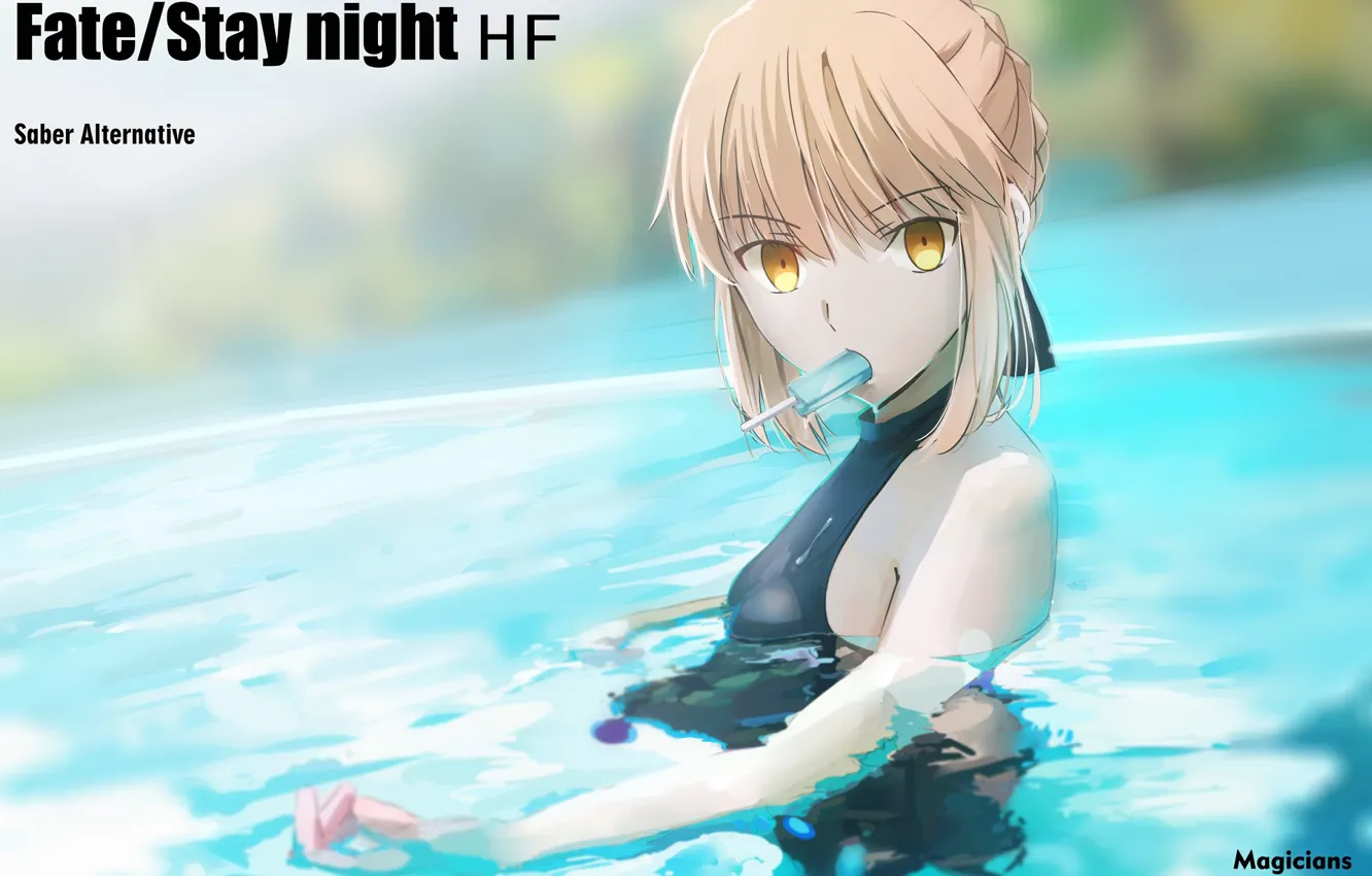 Фото обои вода, девушка, бассейн, мороженое, сейбер, Судьба ночь схватки, Fate / Stay Night