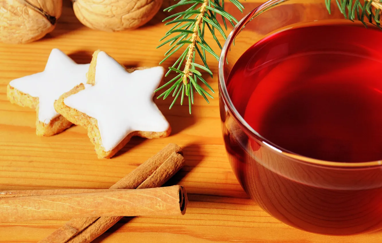 Фото обои фон, праздник, обои, чай, елка, новый год, печенье, кружка
