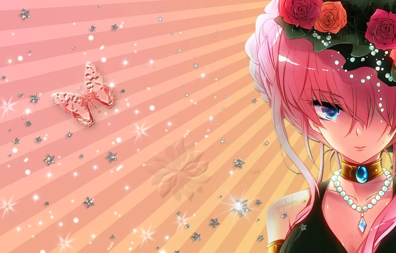 Фото обои звезды, украшения, бабочка, vocaloid, megurine luka, розовые волосы
