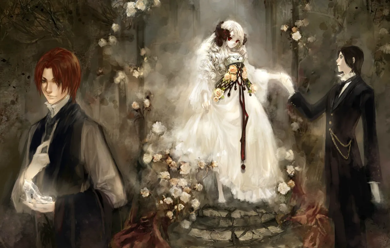 Фото обои девушка, костюм, парни, беседка, белое платье, белые розы, туфелька, босая