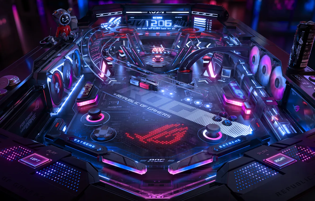 Фото обои Neon, Technology, Cyberpunk, Futuristic, ASUS ROG, Pinball