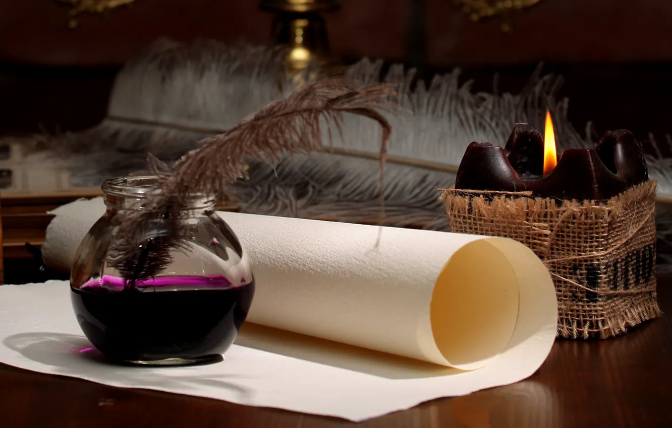 Фото обои бумага, перо, свеча, чернила, свиток