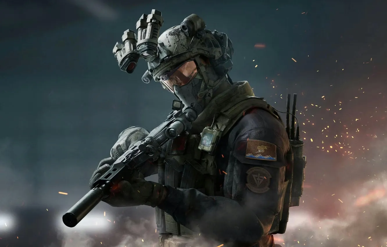 Фото обои fire, flame, game, soldier, power, man, rifle, mask